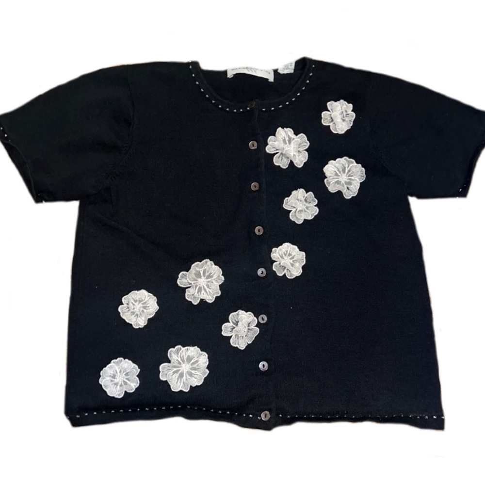 vintage Marisa Christina black button up cardigan with white flowers
